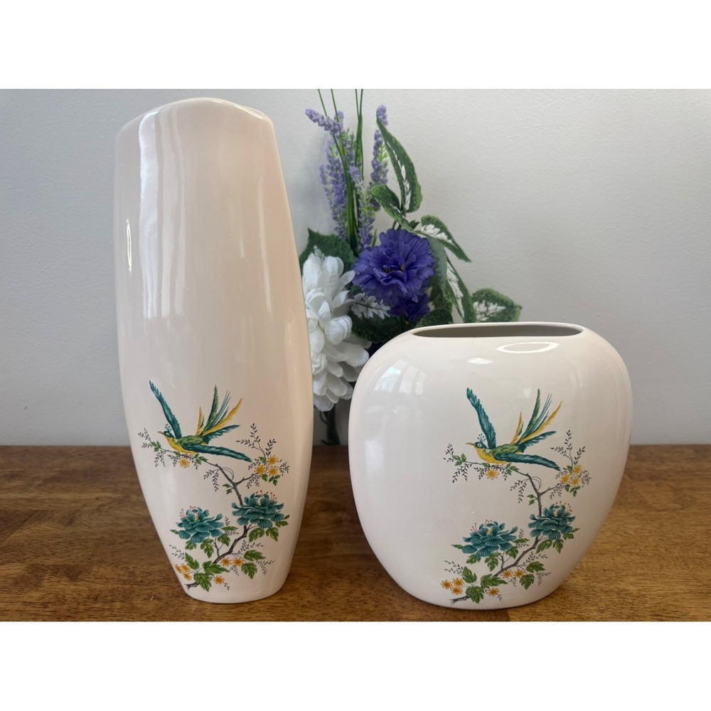 Vintage Ceramic Bird Of Paradise Vases Rice‎ Jars Pair Retro Cottagecore Teal